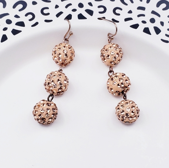 Triple Peach Pave Rhinestone Ball Dangly Earrings 2" - Picture 1 of 3